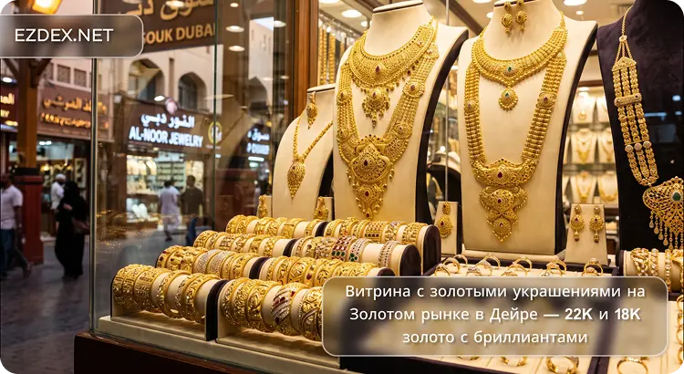 Витрина с золотыми украшениями на Золотом рынке в Дейре