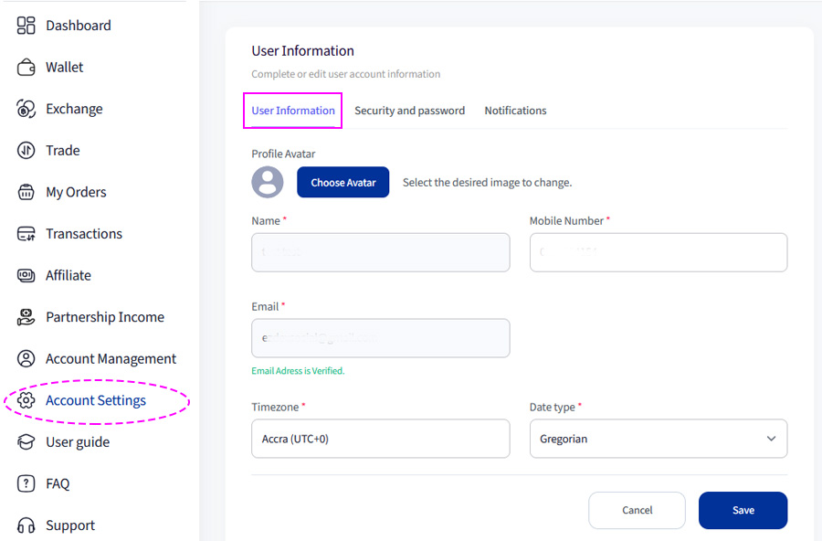 user settings