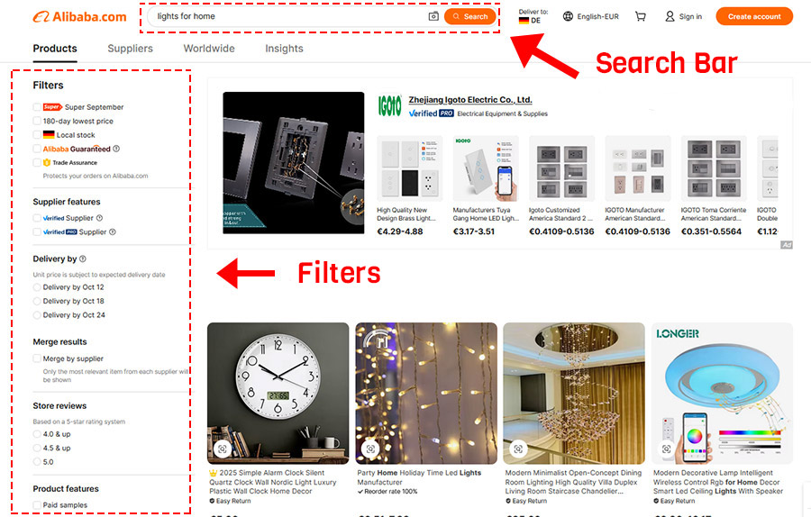 alibaba search filters