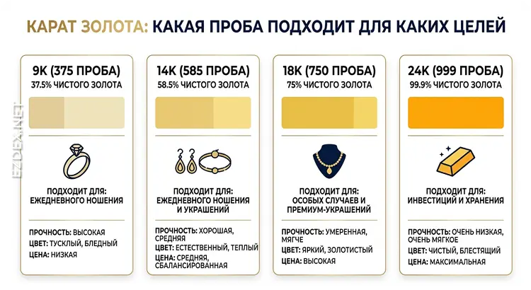 Инфографика каратности золота: сравнение 9K, 14K, 18K и 24K — какая проба для чего подходит