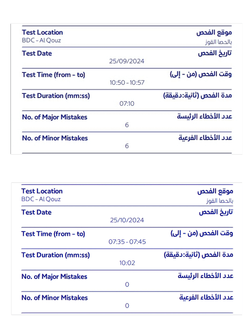 نتایج آزمون رانندگی دبی
