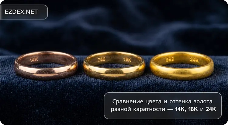 Сравнение цвета и оттенка золота разной каратности — 14K, 18K и 24K