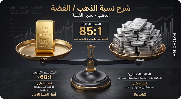 شرح بصري لنسبة الذهب إلى الفضة وكيفية مقارنة أونصة الذهب بعدة أونصات من الفضة
