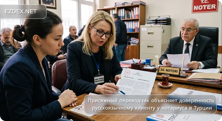 Присяжный переводчик объясняет доверенность русскоязычному клиенту у нотариуса в Турции