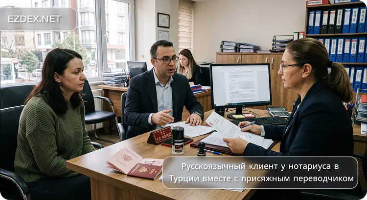 Русскоязычный клиент у нотариуса в Турции вместе с присяжным переводчиком