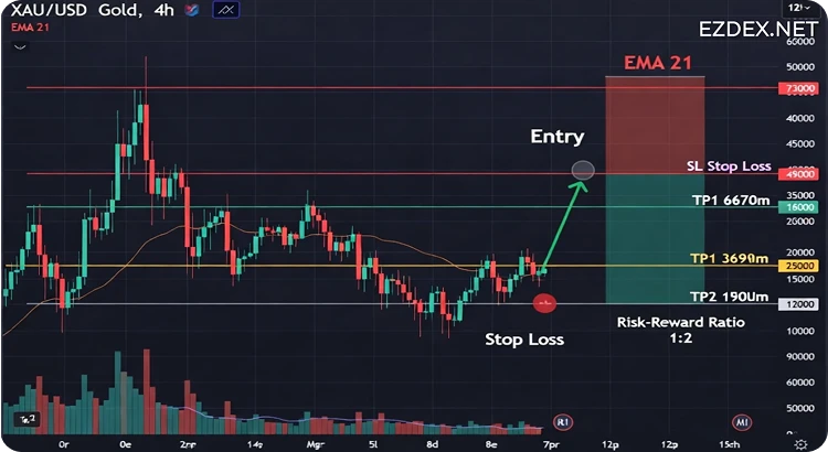 XAU/USD 4-hour chart showing EMA pullback swing trade entry with stop loss