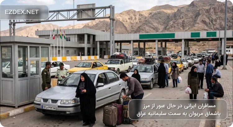 مسافران ایرانی در حال عبور از مرز باشماق مریوان به سمت سلیمانیه عراق