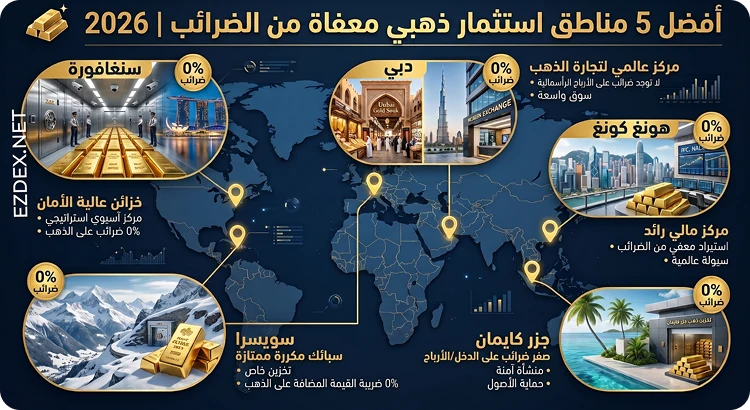 إنفوجرافيك توضيحي لأفضل 5 مناطق معفاة من الضرائب لاستثمار الذهب في العالم